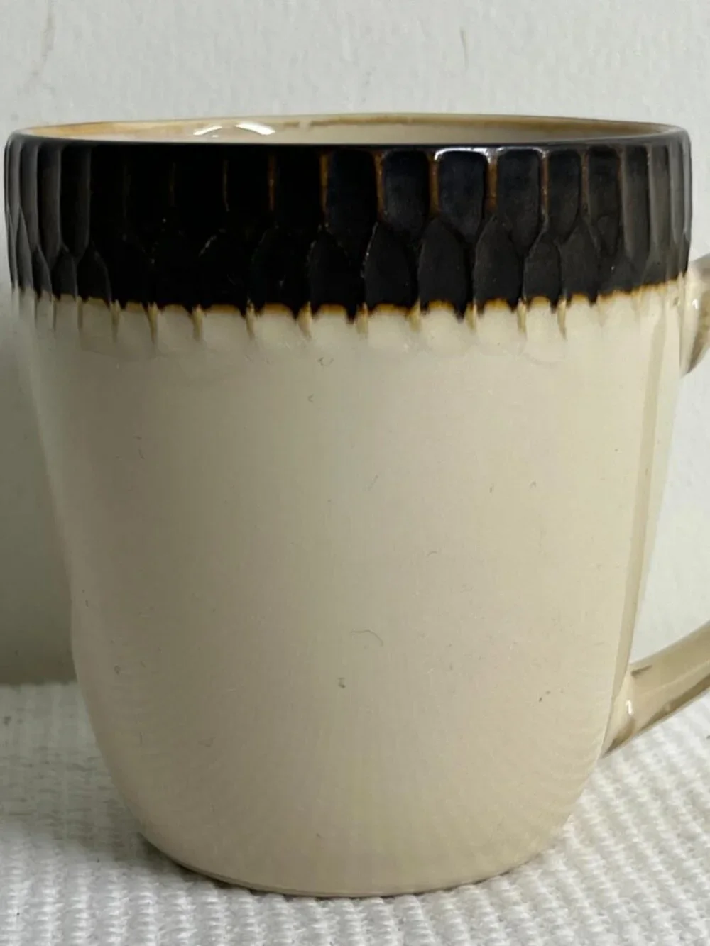 Crate & Barrel Scavo Coffee Cup Mug Stoneware Embossed Brown Rim